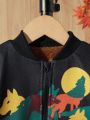Young Boy 1pc Wolf Print Teddy Lined Zipper Bomber Jacket