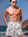 Men's Tropical Print Drawstring Waist Beach Shorts