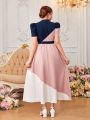 SHEIN Teenage Girls' Woven Colorblock Bubble Sleeve Casual Dress