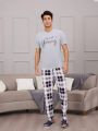 Men'S Letter Print Top And Plaid Trousers Home Wear Set