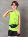 SHEIN 3pcs/Set Boys' Loose Fit Casual Print Style Tank Top, Shorts & Fanny Pack Sports Outfits For Kids
