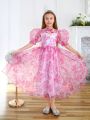 SHEIN Kids CHARMNG Tween Girls' Printed Chiffon Dress With Bubble Sleeves & Concealed Zipper Back