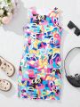 SHEIN Kids Y2Kool Fashionable Sleeveless Round Neck Fitted Dress With All-Over Sweetheart Print For Tween Girls
