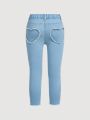 SHEIN Young Girls' Fashionable Casual High Waisted Skinny Jeans With Distressed Detail And Washed Effect