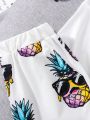 SHEIN Kids SUNSHNE Tween Boys' Casual Pineapple Pattern Printed Round Neck T-Shirt And Shorts Knit Set For Vacation