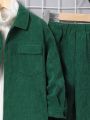 SHEIN Kids KDOMO Young Boy 3pcs Flap Pocket Corduroy Shirt & Pants & Knit Top