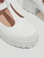 Everyday Collection Women Minimalist Chunky Heeled Mary Jane Pumps, Elegant White Pumps