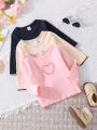 Three-Piece Set Of Long-Sleeved Tops With Heart Letter Pattern For Baby Girls