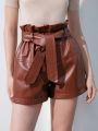 Anewsta High Waist Paper Bag Style Wide Leg Pu Leather Shorts