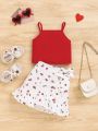 SHEIN Baby Girls' Casual Solid Color Tank Top And Floral Print Skirt With Ruffle Trimmed Hem And Waist Decoration