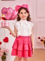 SHEIN Kids CHARMNG Little Girls' Stand Collar Shirt With Detachable Bow And Lace Decor On Both Sides