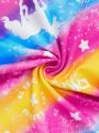 SHEIN Little Girls' Knitted Rainbow Unicorn Print Round Neck Slim Fit Casual Dress