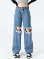 Teen Girls' Vintage Street Fashion Loose Fit Comfortable Wide Leg Jeans