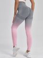Yoga Party Ombre Print Workout Leggings Seamless Tummy Control Athletic Tights With Wide Waistband