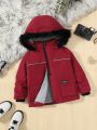 SHEIN Kids EVRYDAY Young Boy Letter Patched Detail Fuzzy Trim Hooded Thermal Lined Coat