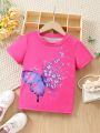 SHEIN Kids EVRYDAY Young Girls' Butterfly Printed Short Sleeve T-Shirt
