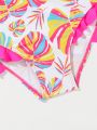 Little Girls' Solid Color Top T-Shirt And Tropical Printed Bottoms Swimsuit Set