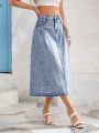 SHEIN VCAY Women'S Casual Vintage High Waist Distressed Denim Skirt