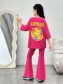 SHEIN Kids HYPEME Tween Girl Urban Fashion Spring Summer Letter & Print Short Sleeve T-Shirt And Flared Pants Set