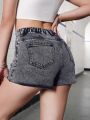SHEIN SHEIN Teen Girls' Y2k Black Fashionable Cut-Off Denim Shorts, Casual And Versatile, Washed Look,Spring Summer Boho Jeans Shorts