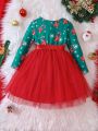 SHEIN Kids QTFun Young Girl Christmas Print Mesh Hem Belted Dress