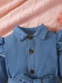 Infant Girls' Elegant Buttoned Broken-hole Overalls With Flared Sleeves For Autumn