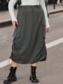 SHEIN LUNE Plus Flap Pocket Drawstring Side Cargo Skirt