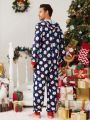 Men 1pc Christmas Print Half Zip Hooded Sleep Jumpsuit for Christmas