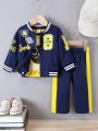 3pcs Baby Boys' Sporty Printed Baseball Jacket, T-shirt And Pants Set