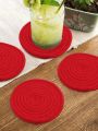 1pc 12cm Threaded Woven Round Insulation Coaster, Water-absorbent And Heat-resistant Drink Pad