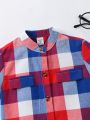 SHEIN Kids EVRYDAY Boys' Casual Plaid Short Sleeve Shirt With Decorative Pocket And Mandarin Collar For Summer