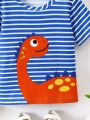 SHEIN Kids SUNSHNE Boys' Cute Dinosaur Cartoon & Striped Pattern T-Shirt For Summer