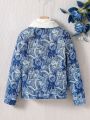 SHEIN Kids FANZEY Tween Girl Allover Floral Print Borg Collar Teddy Lined Jacket Without Sweater