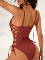 SHEIN Swim BAE Lace Up Side Open Back One Piece Swimsuit New Year