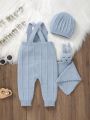 Baby Girl Solid Knit Jumpsuit & Hat & Bib