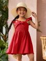 SHEIN Kids Cooltwn Young Girls' Mono Color Flutter Sleeve Belted Dress