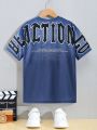 SHEIN Kids HYPEME Tween Boys' Casual Street Style Letter Printed Loose Fit Knit T-Shirt With Round Neckline
