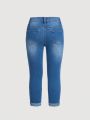 SHEIN Tween Girls' High Waisted Distressed And Stretchy Casual Skinny Jeans With Washed-Out Look