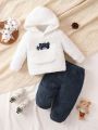 Baby Boy Bear Embroidery Kangaroo Pocket Fluffy Hoodie & Pants