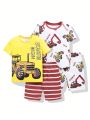 SHEIN 4pcs Young Boys' Cute Car Pattern, Letter, Stripe And Print Round Neck Tee And Shorts Set, Snug Fit Home Outfits For Comfortable And All-Day Wear In Spring And Summer