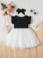 SHEIN Kids EVRYDAY Young Girl's Black And White Bowknot Mesh Panel Flying Sleeve Dress