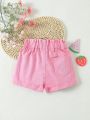 Baby Girls' Water Washed Soft Pink Denim Shorts With Bow Knot Waist