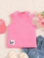 SHEIN Kids Y2Kool Little Girls' Sweet And Cool Pink Striped Tank Top With Cut-out Shoulder And Badge Decoration, Spring/summer