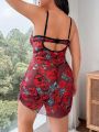Plus Size Lace Trimmed Floral Pattern Sexy Cami Dress With Thong