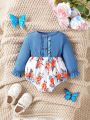 Infant Girls' Floral Patterned Bodysuit With Ruffle Hem On Bottom, Spring And Autumn