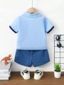 Baby Boy Color Block Dinosaur Embroidery Turn-Down Collar Short Sleeve Top With Denim Shorts Set