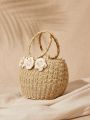 SHEIN VCAY Woven Handbag For Women With 3d Flower Decoration