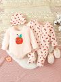 Baby Girls' Apple & Letter Print Long Sleeve Romper Jumpsuit With Matching Pants, Home Clothes 2pcs/Set