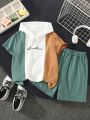 Tween Boys' Loose Fit Colorblock Hooded Short Sleeve T-Shirt And Shorts Casual Outfit
