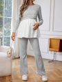 SHEIN Maternity Color Block Pleated Hem Nursing Top And Adjustable Button Flare Pants Set